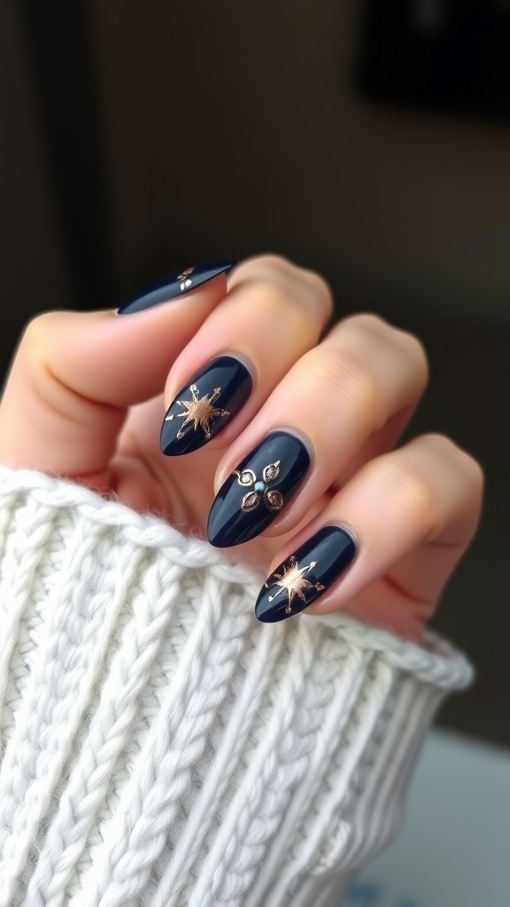 Close-up of dark blue nails with rose gold accents and designs.