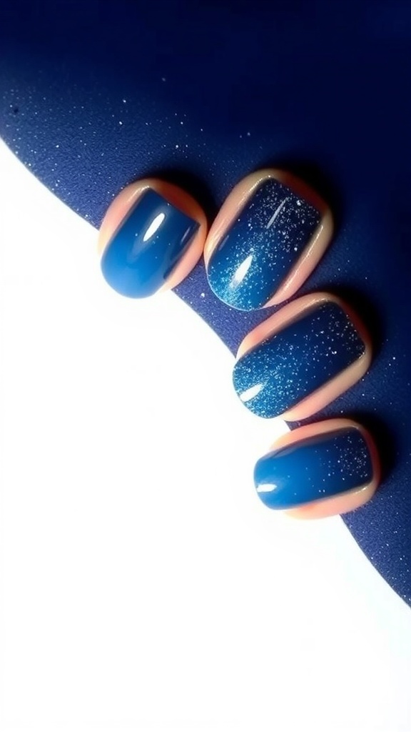 Dark blue nails with a gradient and glitter effect.