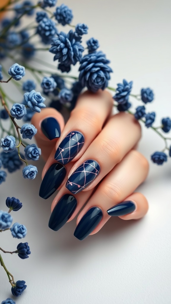 A close-up of dark blue nails with artistic lines, surrounded by blue flowers.