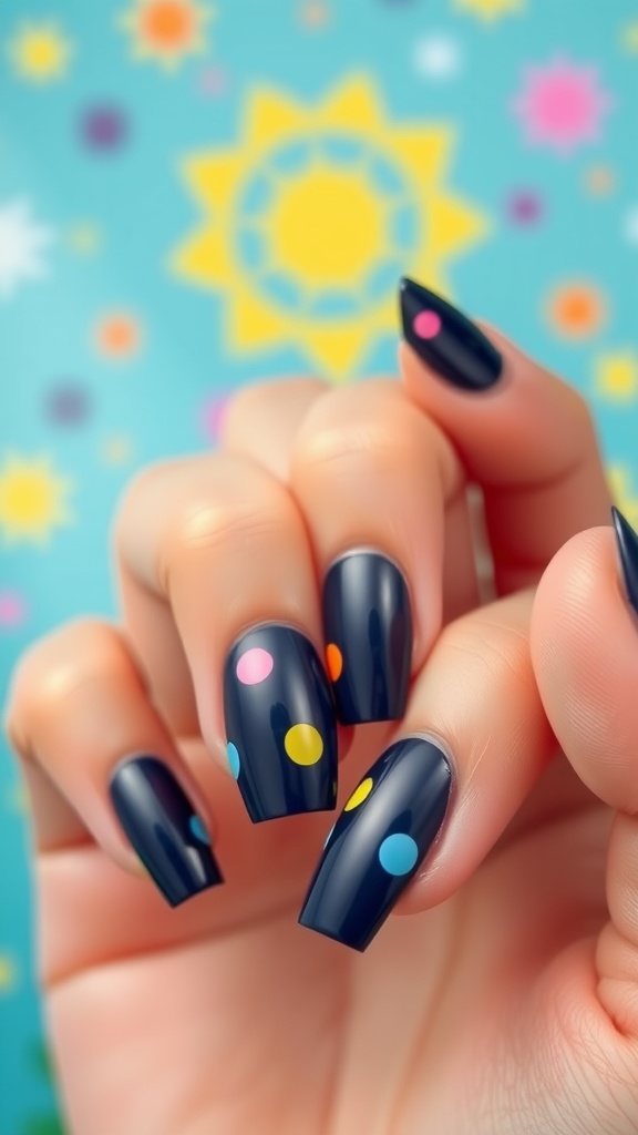 A hand showing dark blue nails with colorful dots against a vibrant background.