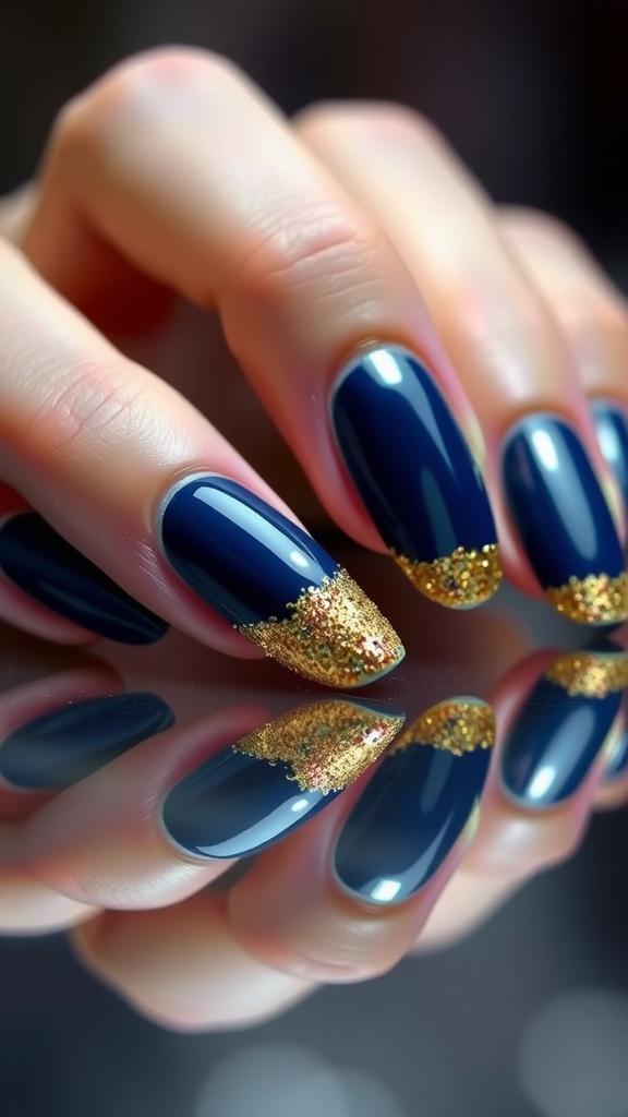 Dark blue nails with gold glitter tips