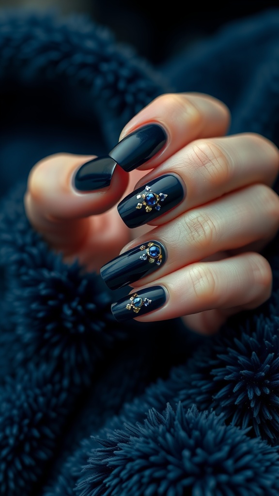A close-up of dark blue nails with decorative jewel accents.