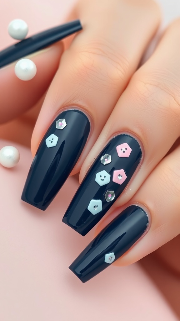Nails painted dark blue with pastel accent designs.