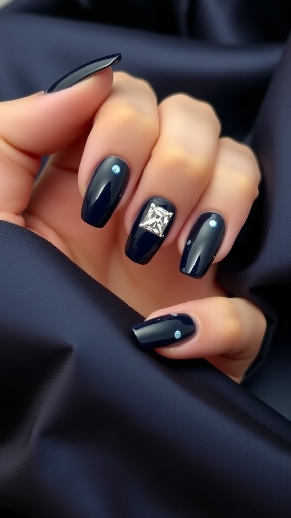 Close-up of dark blue nails with rhinestones