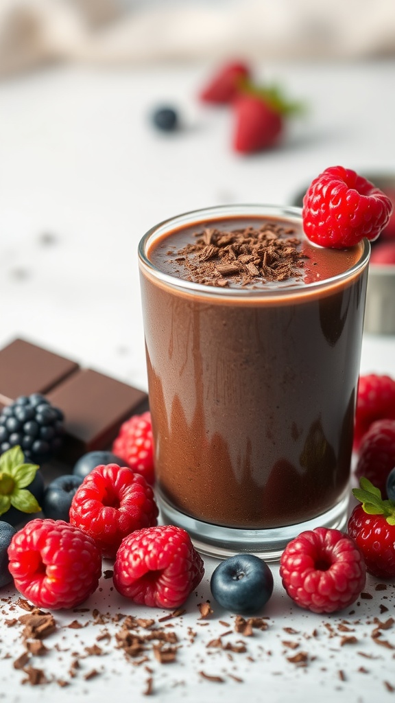 A dark chocolate berry smoothie with raspberries and blueberries