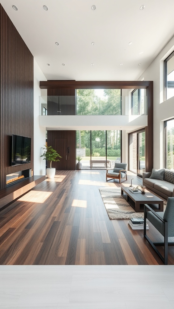 A modern living room with dark wood accents, featuring large windows and open spaces.