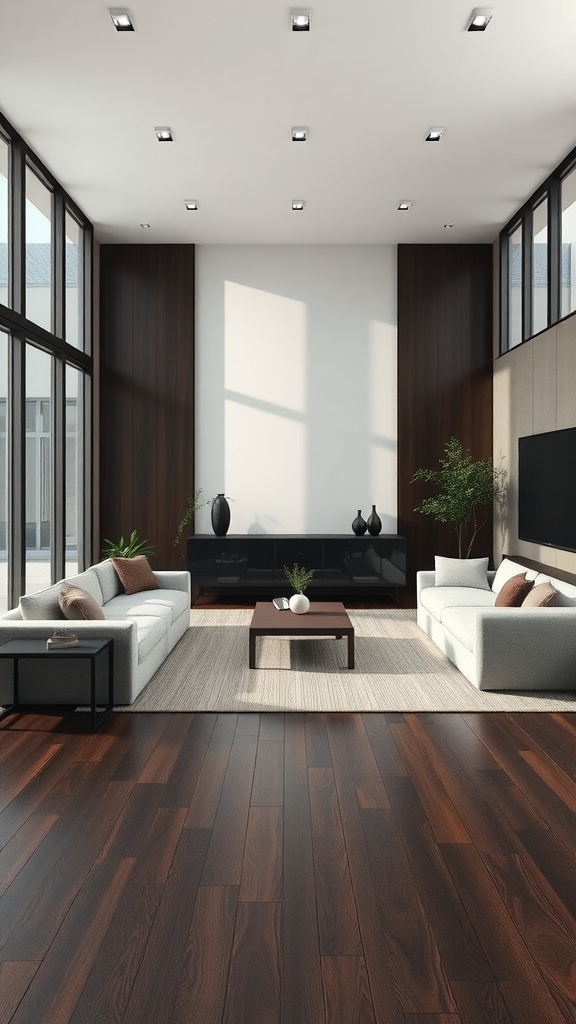 Interior of a modern living room featuring dark wood accents and bright furnishings.