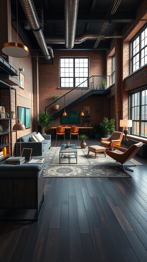 Interior of an urban loft with dark wood flooring, featuring exposed brick walls and modern furniture.