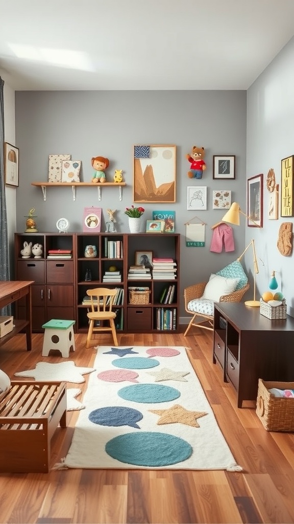 A bright, kid-friendly room with dark wood furniture, colorful decor, and playful elements.