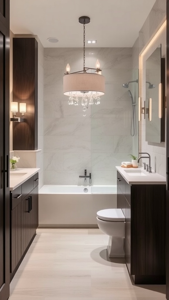 A contemporary bathroom featuring dark wood cabinetry and light marble accents.