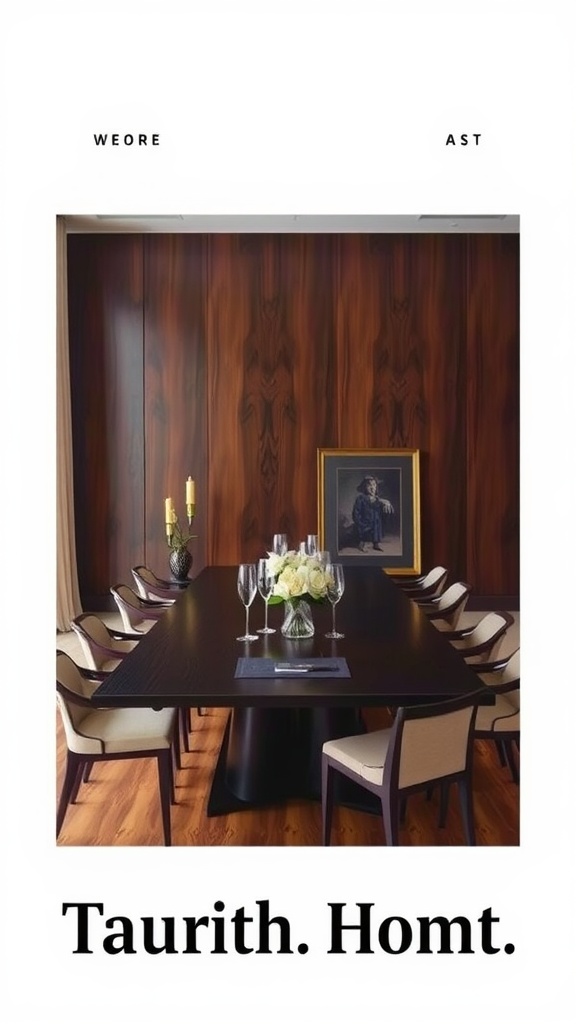 A stylish dining room featuring a dark wood table, elegant chairs, and a wooden wall.