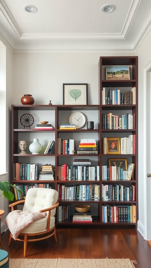A stylish dark wood shelving unit featuring books and decorative items, with a cozy chair nearby.