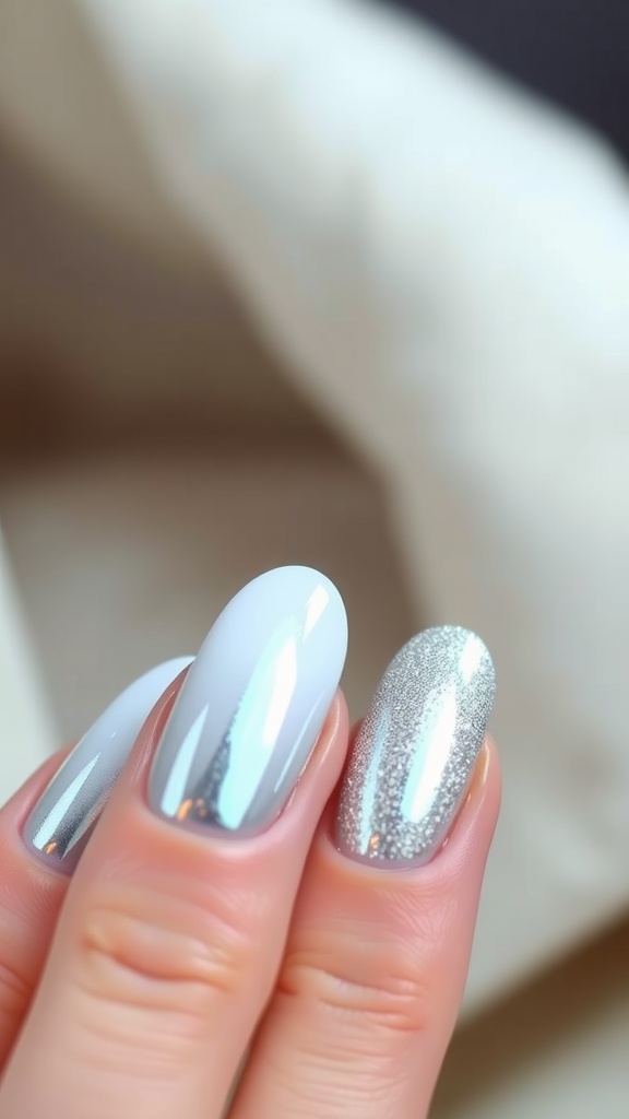 Close-up of a hand showing white chrome ombré nails with a silver accent nail.