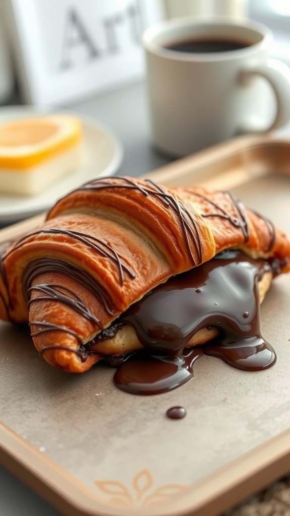 A warm chocolate croissant with melted chocolate filling, served on a tray with a cup of coffee.