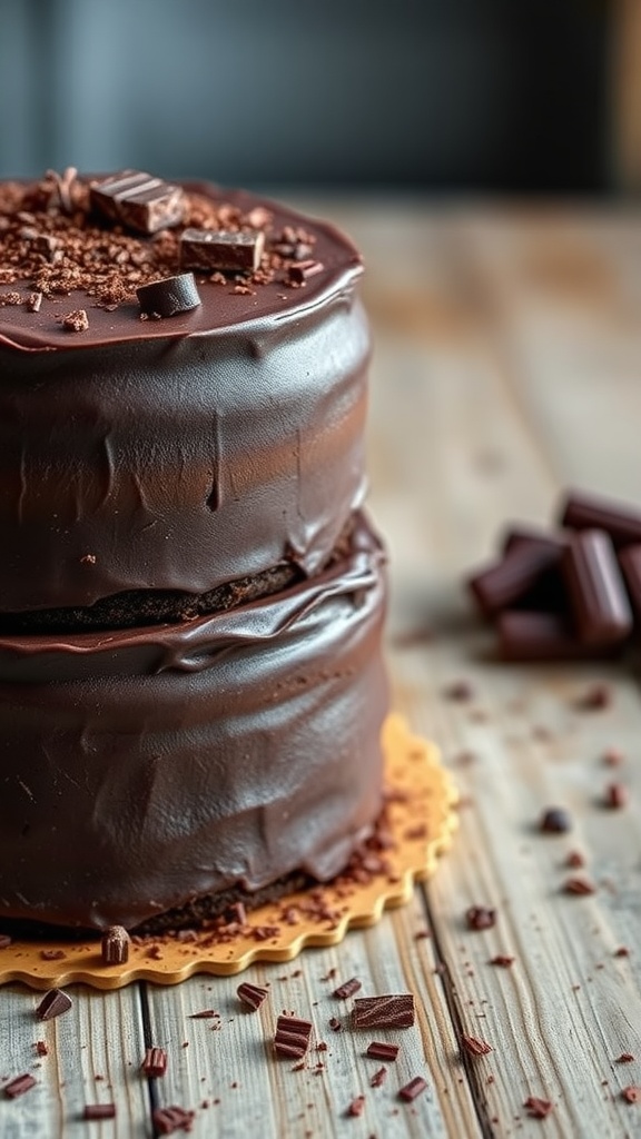 Layered dark chocolate cake with frosting and chocolate shavings on top.