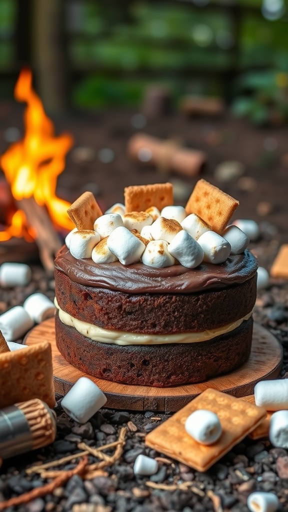 Deliciously layered chocolate cake topped with marshmallows and graham crackers