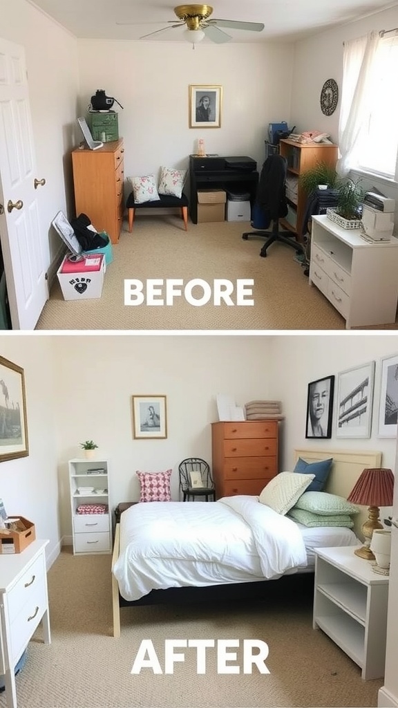 Before and after images of a small bedroom showing decluttering and organization.