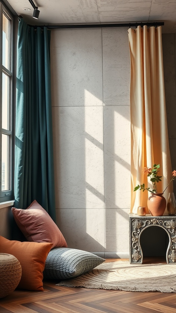 A cozy interior featuring concrete walls, colorful curtains, and pillows on the floor
