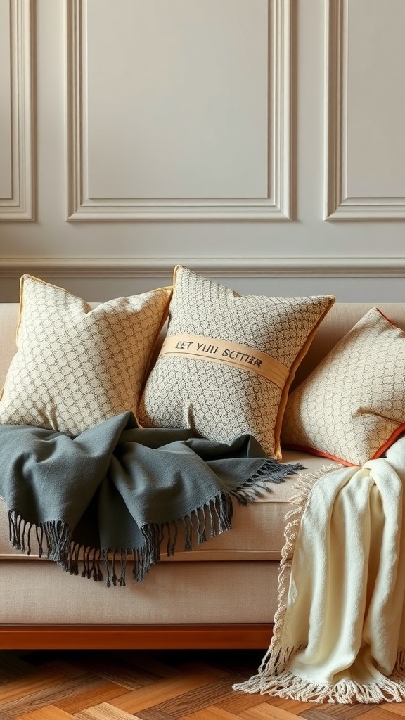 A cozy couch adorned with decorative pillows and throws, set against a classic neoclassical backdrop.