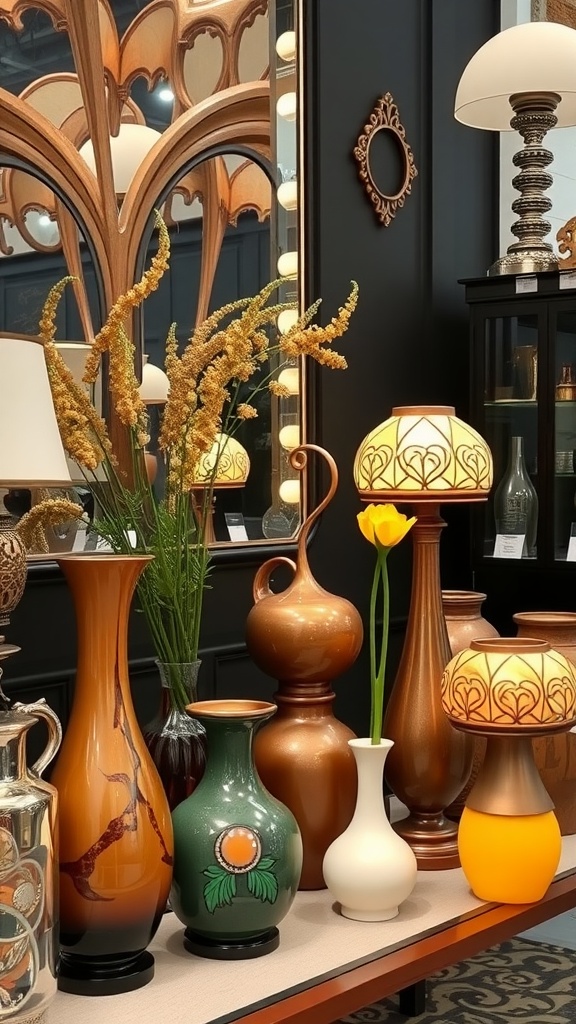 A collection of Art Nouveau decorative vases and lamps in an elegant interior setting.