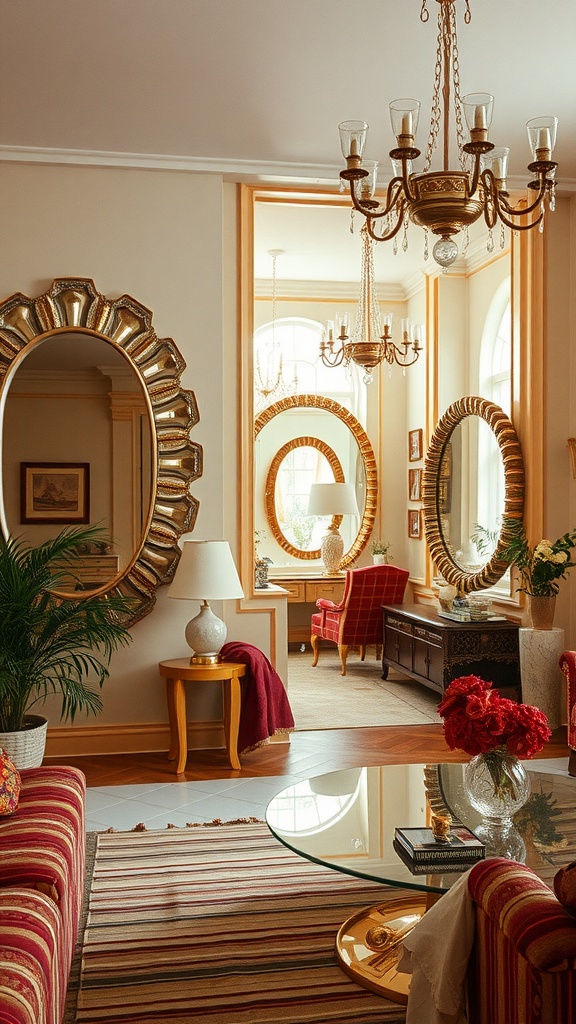 A spacious living room from the 70s featuring decorative mirrors and glass elements.