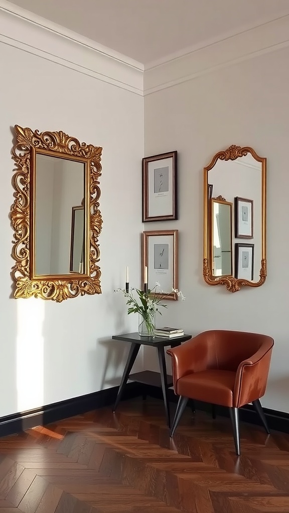 A cozy corner featuring decorative mirrors, a stylish chair, and a small table with flowers.