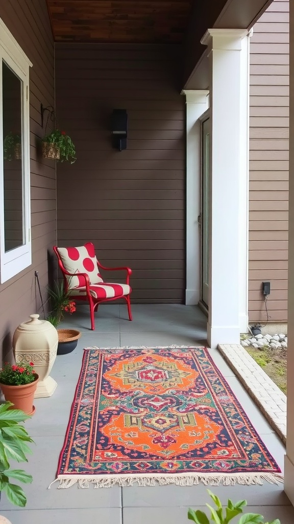 A small patio with a colorful decorative rug and a red striped chair.