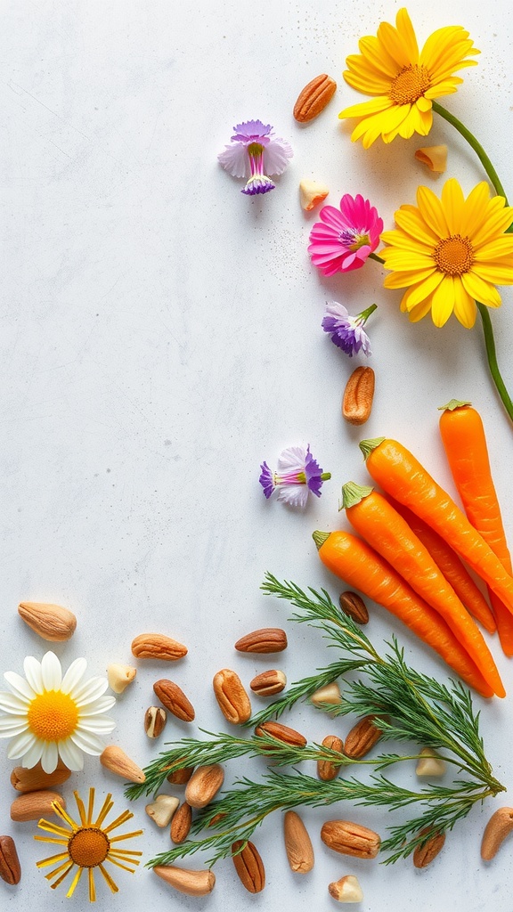 Decorative toppings for carrot cake including flowers, nuts, and carrots.