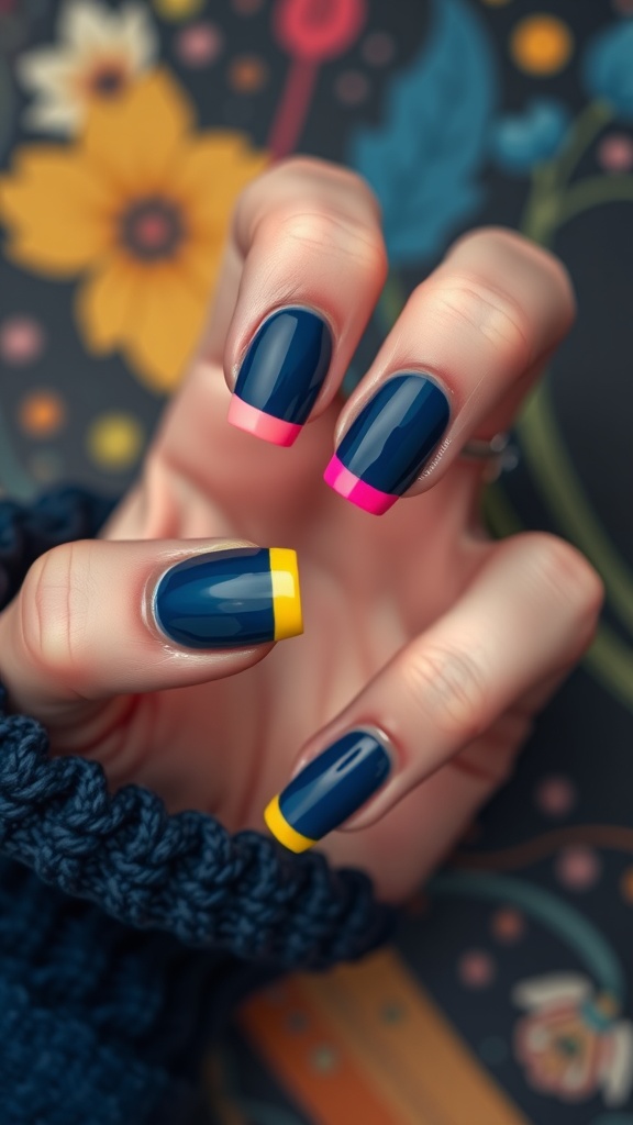 Dark blue nails with neon pink and yellow tips.