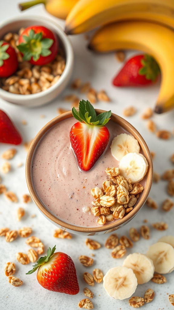 A delicious strawberry banana smoothie topped with fresh strawberries, banana slices, and granola.