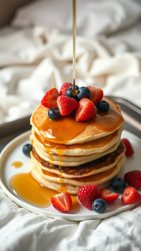 A stack of fluffy pancakes topped with fresh berries and drizzled with maple syrup.