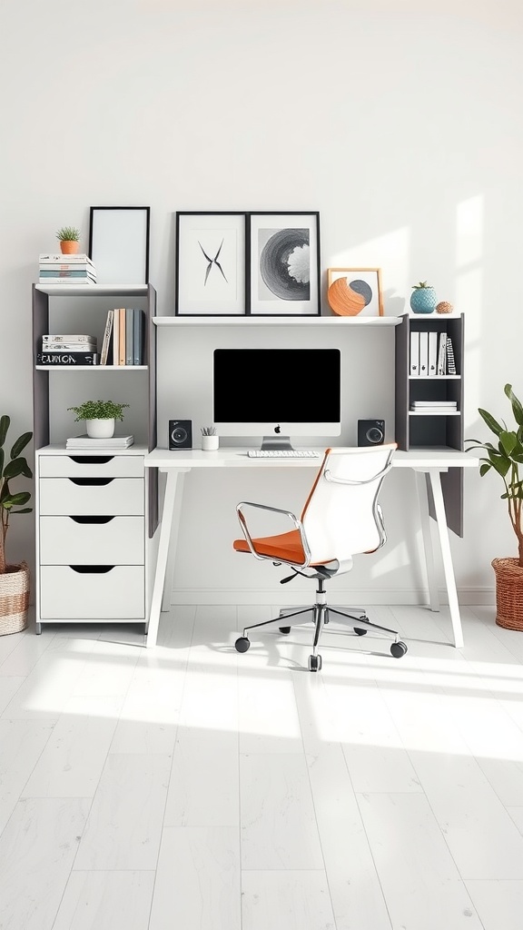 Modern home office setup with a desk, chair, and decorative elements.