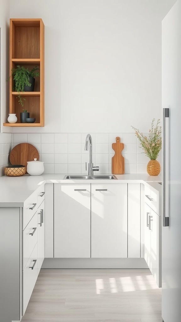 A small, minimalist kitchen featuring white cabinets, a sink, and wooden shelves with plants.