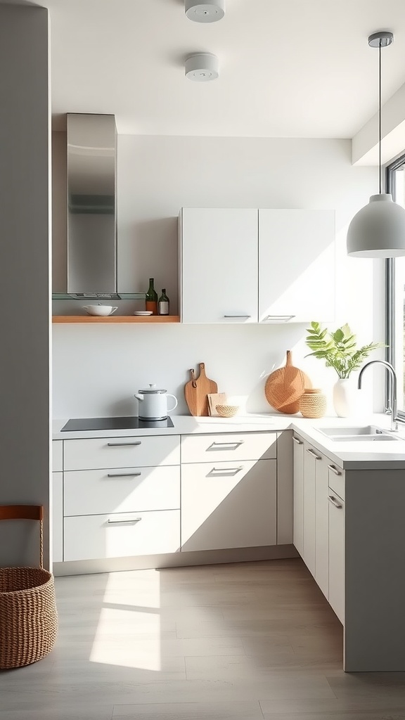 A minimalist kitchen featuring white cabinets, wooden accents, and natural light.