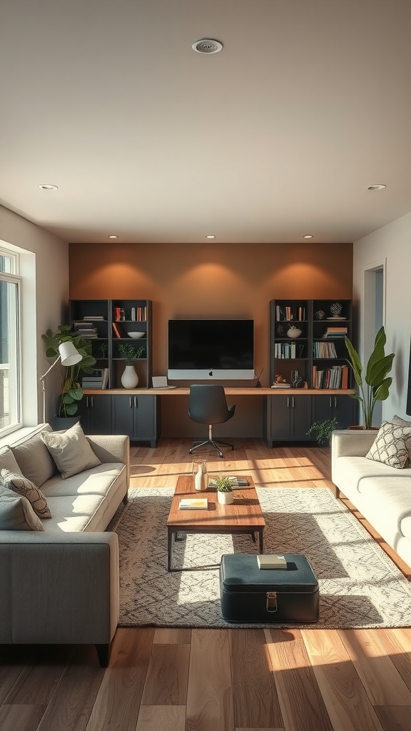 A cozy living room with a mix of work and relaxation spaces, featuring a desk, sofa, and coffee table.
