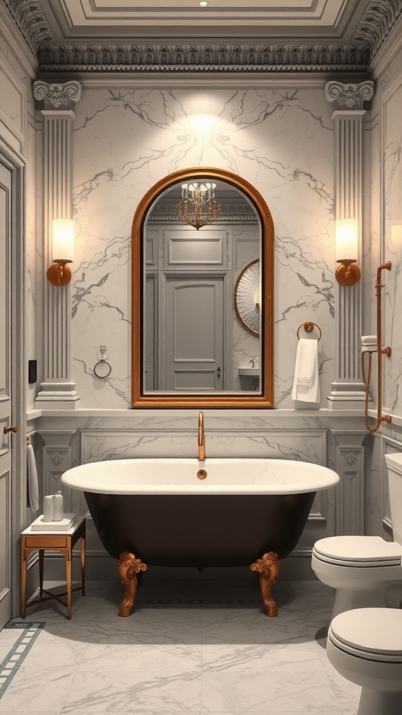 Neoclassical bathroom with marble walls, a clawfoot tub, and elegant lighting.