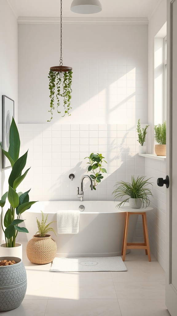 A serene bathroom with a freestanding tub, plants, and natural light.
