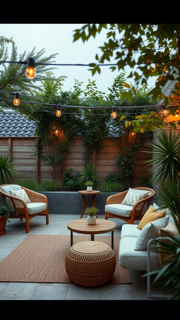 A cozy outdoor space with seating, plants, and string lights.