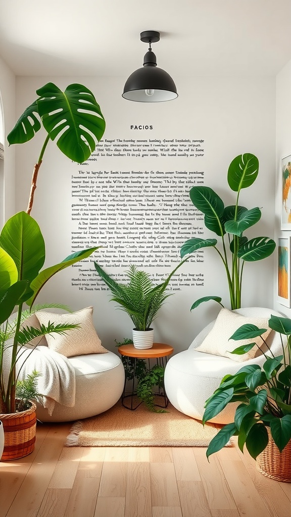 A cozy nook with soft seating and tropical plants, designed for relaxation.
