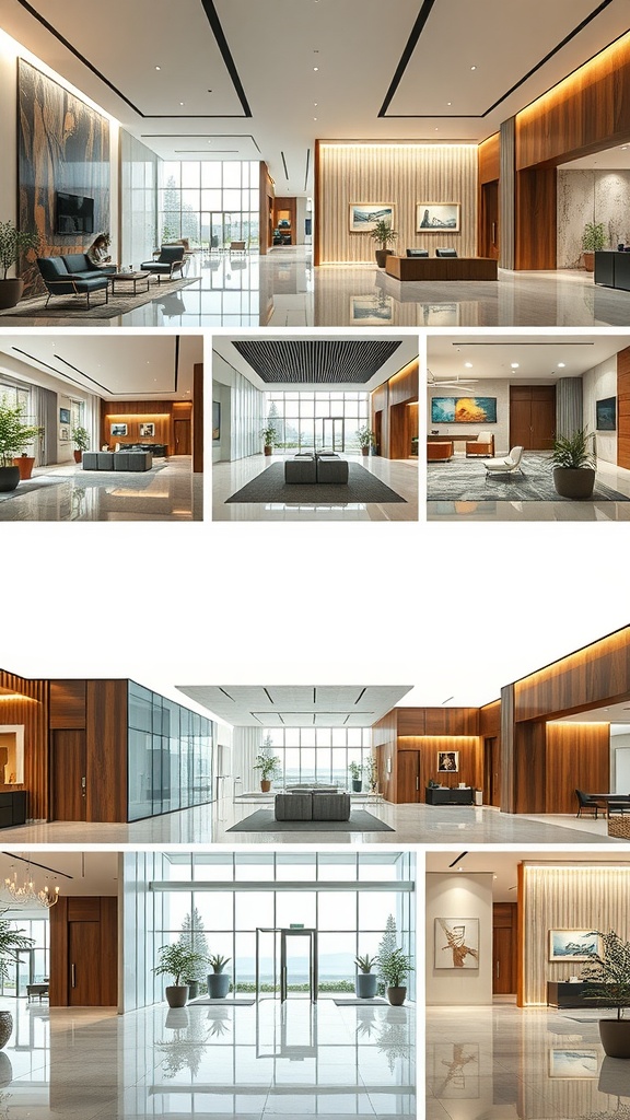 A modern lobby interior featuring sleek furniture, large windows, and decorative plants.