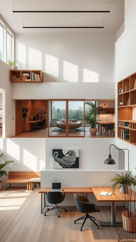 A spacious and modern interior design featuring multi-functional areas, combining a workspace with a relaxing lounge.