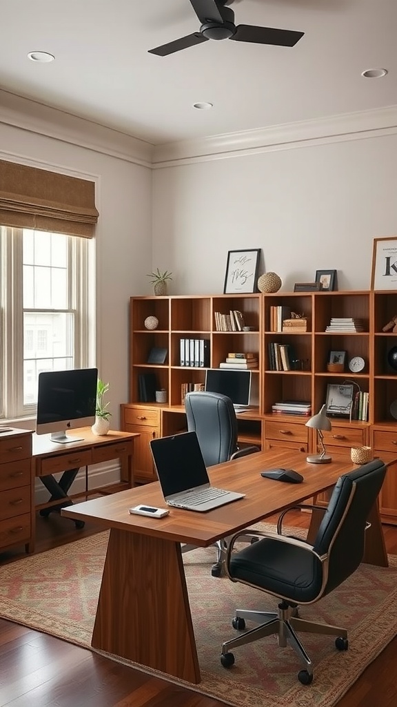 Modern classic home office with wooden furniture and organized shelves.