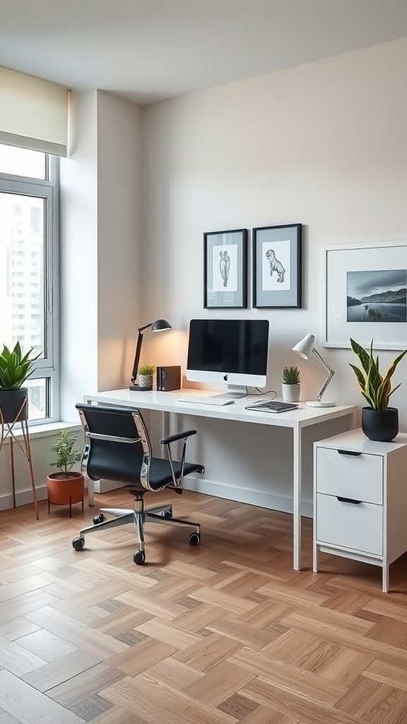 A modern home office with a desk, computer, and plants, designed for productivity.