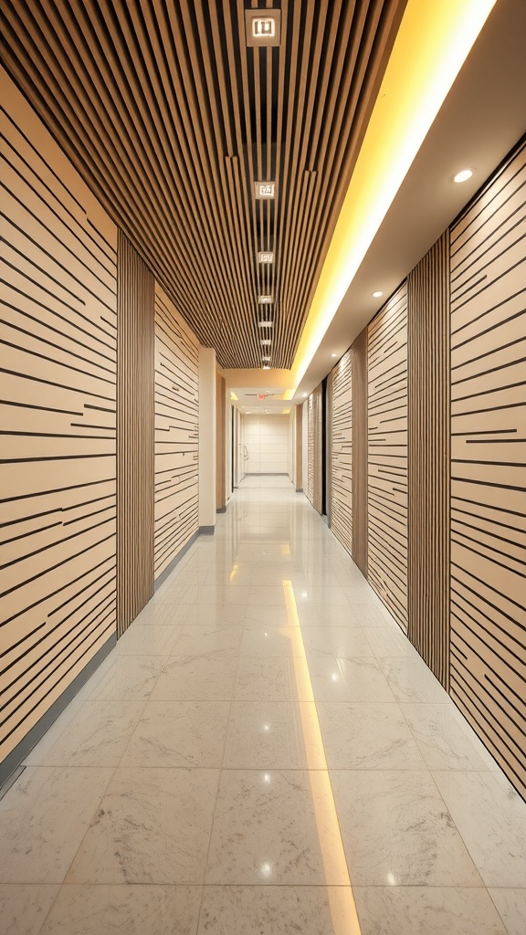 A modern hallway featuring linear wooden paneling and bright lighting.