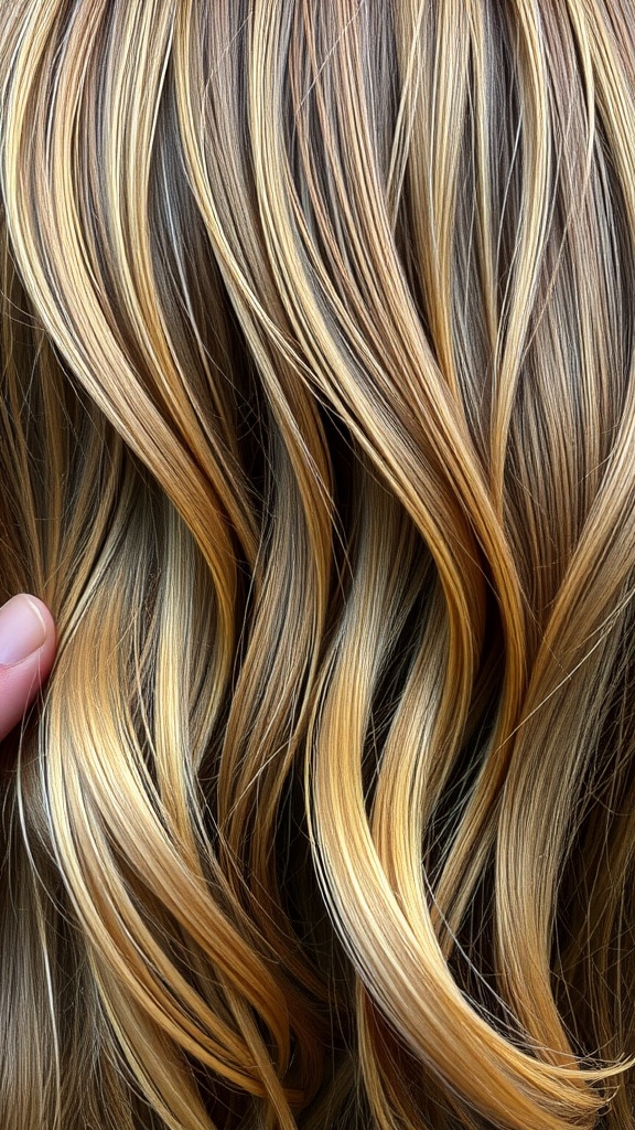 Close-up of wavy bronde hair with golden highlights.