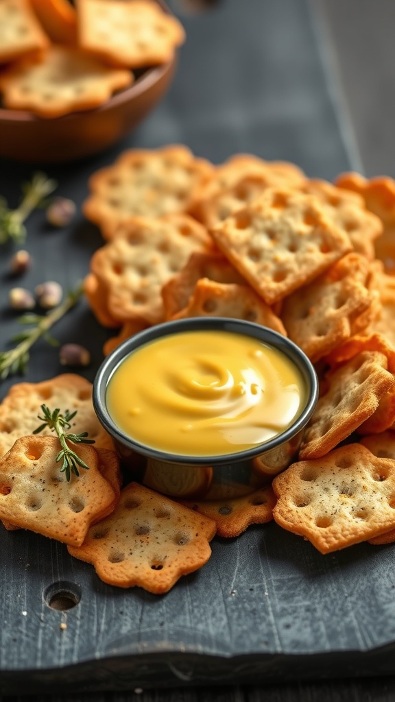 Keto-friendly Dijon mustard and thyme crisps served with a creamy dip