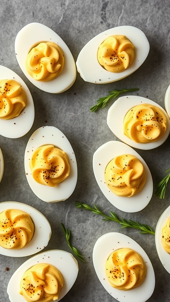Deliciously prepared Dijon Mustard Deviled Eggs garnished with herbs and paprika.