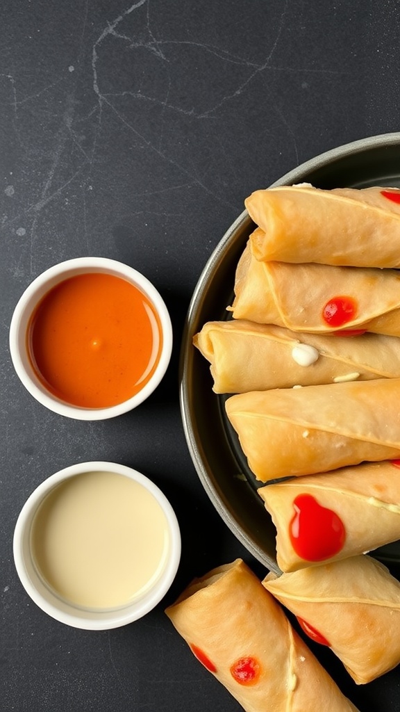 A plate of keto egg rolls served with dipping sauces.