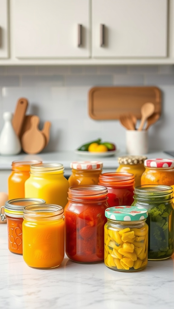 Jars of homemade baby food in various colors on a kitchen counter.