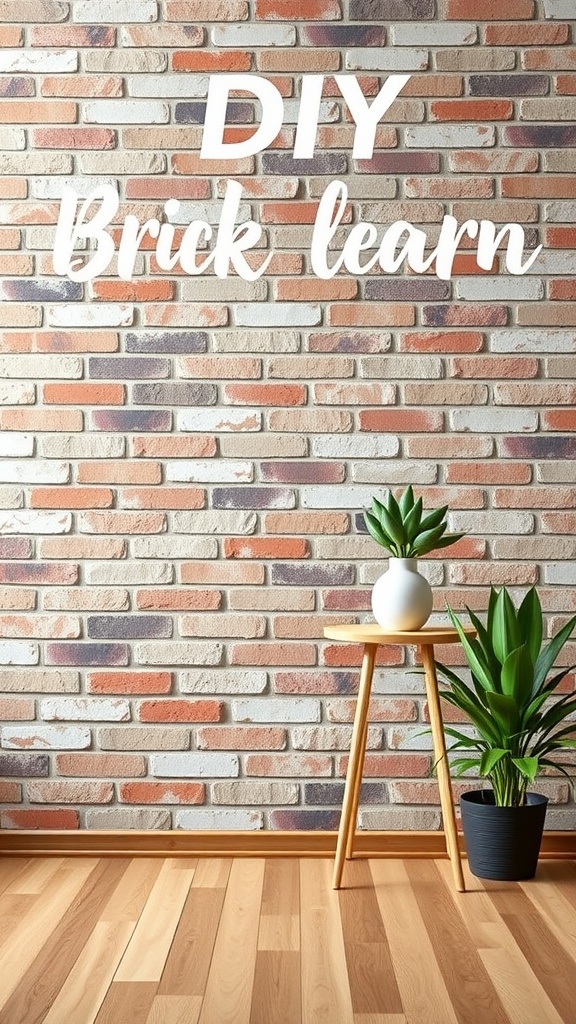 Interior living room with a DIY brick wall, plants, and wooden flooring.